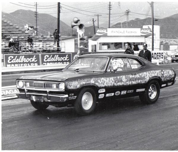 Phil Mandella 1971 Duster Irwindale 1981. This is the car that Phil won super stock the 1984 World Finals..