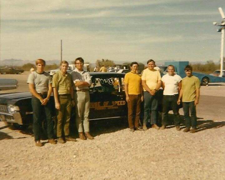 House of Speed crew with Mike Cook's 68 427 4 speed Biscayne. Left to right Billy Williams, Kelly Lane, Bob LeFaivre, Mike Cook, Bob DeYoung, John Lane and Harry Larsen.