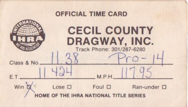 One of Dad's Time Cards from the late 70's in his big block 4 speed Cuda he purchased from Ron Cosner.