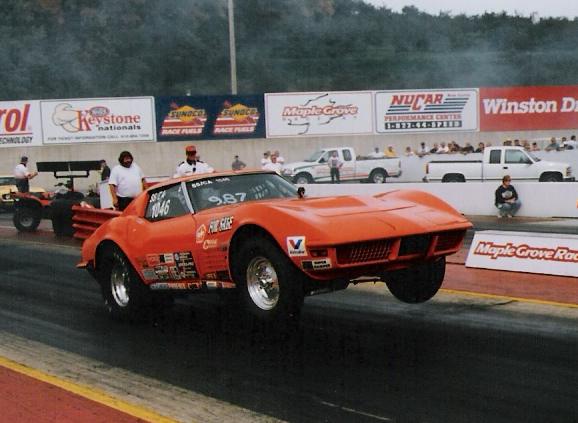 Tom Sheehan with the 1971 orange vette (98 maple grove). We had to paint the car orange after Harry put the vette on its roof at Edgewater the year before (wheelie bar broke and he flipped it over).  This car won the dutch classic 3 months after being rebuilt.