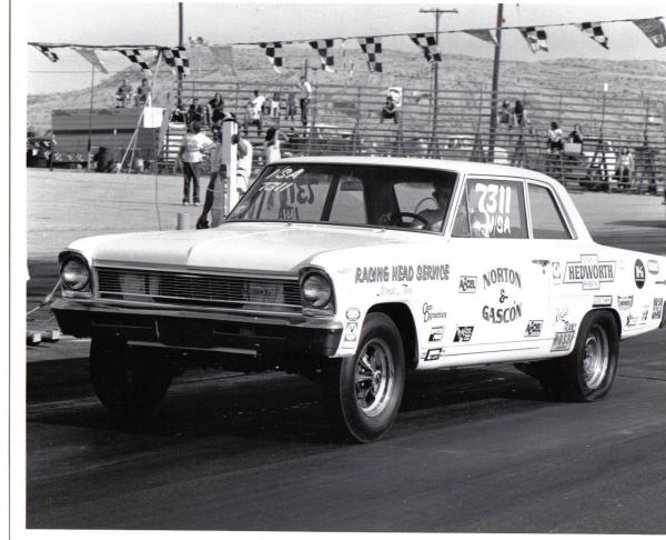 Chuck Norton 1966 Chevy 2 Palmdale (LACR) 1975. Chuck won J/SA at the 1975 Winternationals with this car. It was a one year only car for Chuck. He sold it in early 1976 to start on the 1964 4 door Chevy.